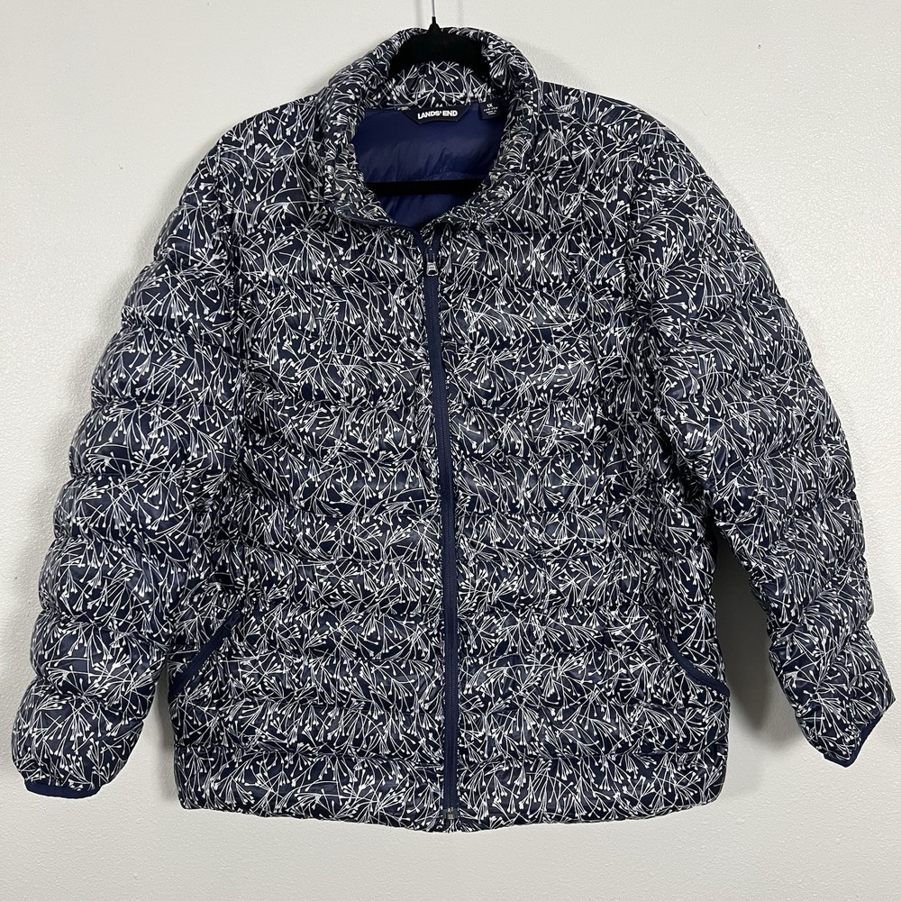 Land's End Girls Blue Flower‎ Pattern puffer jacket XL 16W-18W Light weight